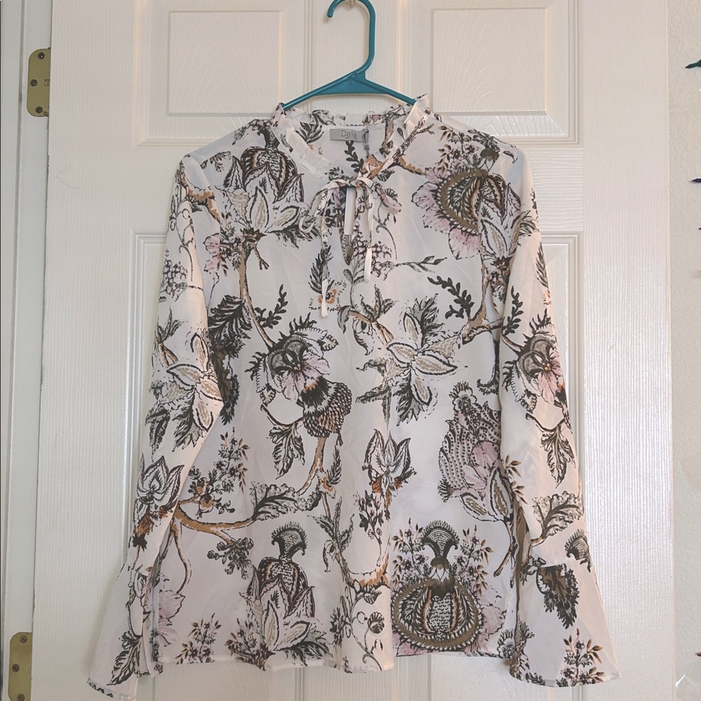 Floral Tie-Neck Ruffle Long Bell Sleeve Boho Blouse - White/Pink/Brown